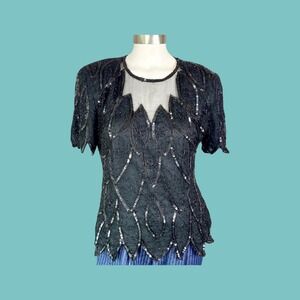 Vintage Stenay Black Silk Sequin Top, Beaded Embellished, Size Medium
